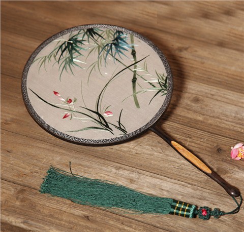 紅木嵌竹子雙面刺繡團扇